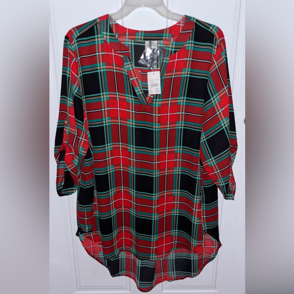 Cato Holiday Plaid hi-low Red,Green and black Roll Tab Sleeve Blouse-Sz.18/20
